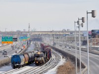 A pair of ex-Conrail Dash8's (NS 8374 & NS 8392) lead a customarily short CN 529 past a long cut of grain cars as a CN employee gives a rollby at right.
