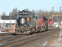 The power on CN train 398 is seen returning to its train at Paris, Ontario on February 24, 2007. The consist includes; Dash 9-44CW’s 2610, 2581, SD40-2 5379, SD75I 5667, WC SD40-3 6922 and IC SD40-2 6072. Built in 1979 by EMD for MKT and originally numbered 613, the venerable SD40-2 was acquired by IC from National Railway Equipment during 1997. 
