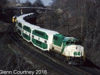 I just posted a shot of sixty year old F units hauling freight, here's a shot taken almost 30 years of GO bilevels that can still be found hauling commuters around the GTA today. The GP40-2W is no longer in the passenger hauling business having been sold to CN in 1991 after GO standardised their motive power situation with a fleet of F59PHs. 