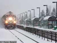 A Sunday morning snowstorm means that crews haven't cleared snow off the platforms at Rouge Hill, but trains continue to operate with only minor delays.