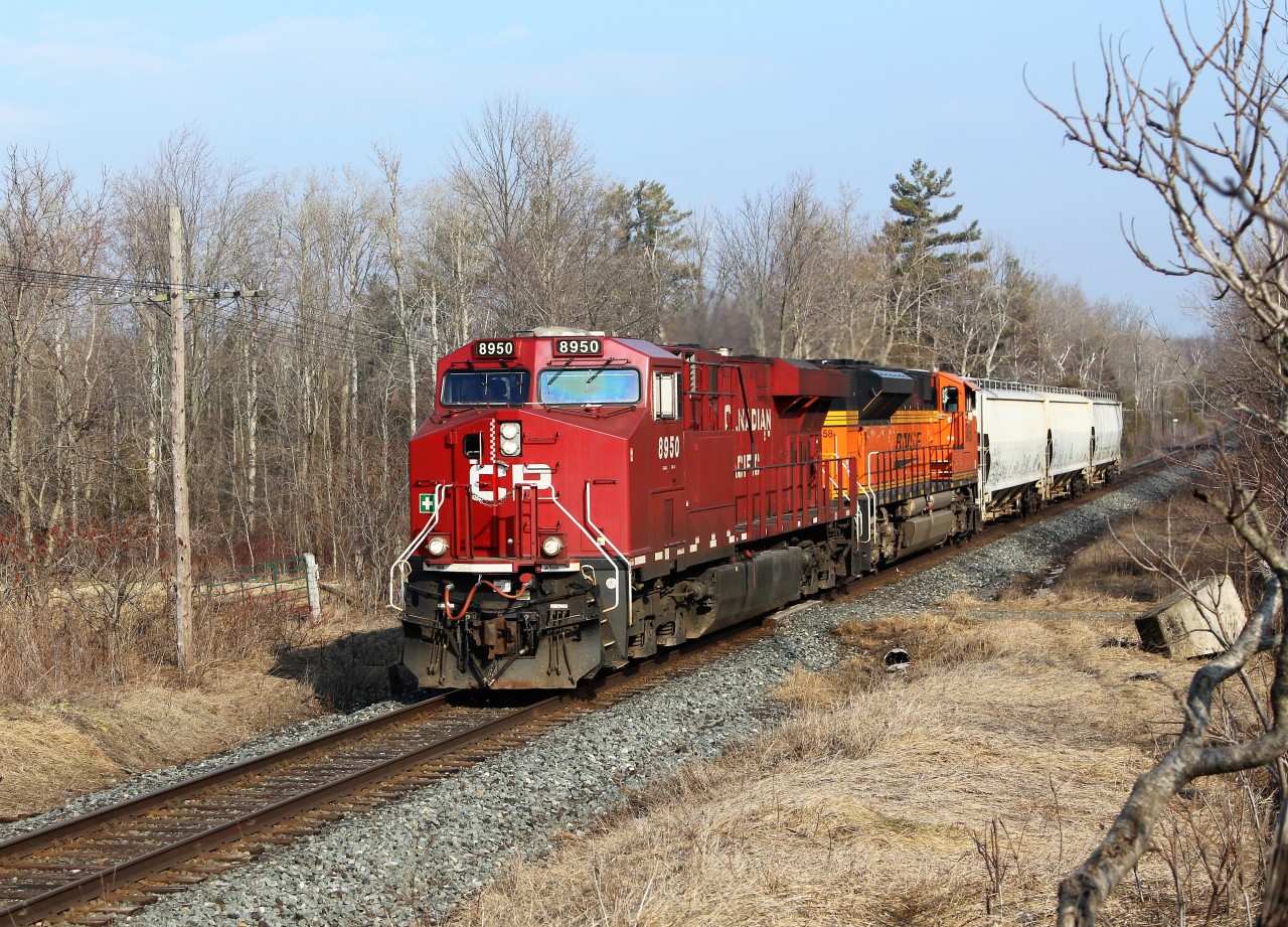 After the fog lifted and the sun came out for prefect light, CP 147 lead by a remarkably clean CP 8950 with BNSF 8458 made its way to Orr's Lake siding with its three car manifest picked up at Guelph Junction.