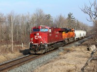After the fog lifted and the sun came out for prefect light, CP 147 lead by a remarkably clean CP 8950 with BNSF 8458 made its way to Orr's Lake siding with its three car manifest picked up at Guelph Junction.