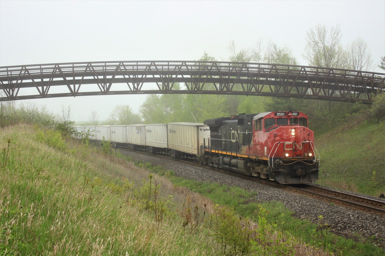 Once in a while you get extremely bored waiting for a CP train to come by the area and start looking at some of the older pictures you've shot. I don't remember shooting this but out of the light fog comes CN 2521, looking a little worse for wear, hauling the Triple Crown train up to MM30 on the Halton sub.