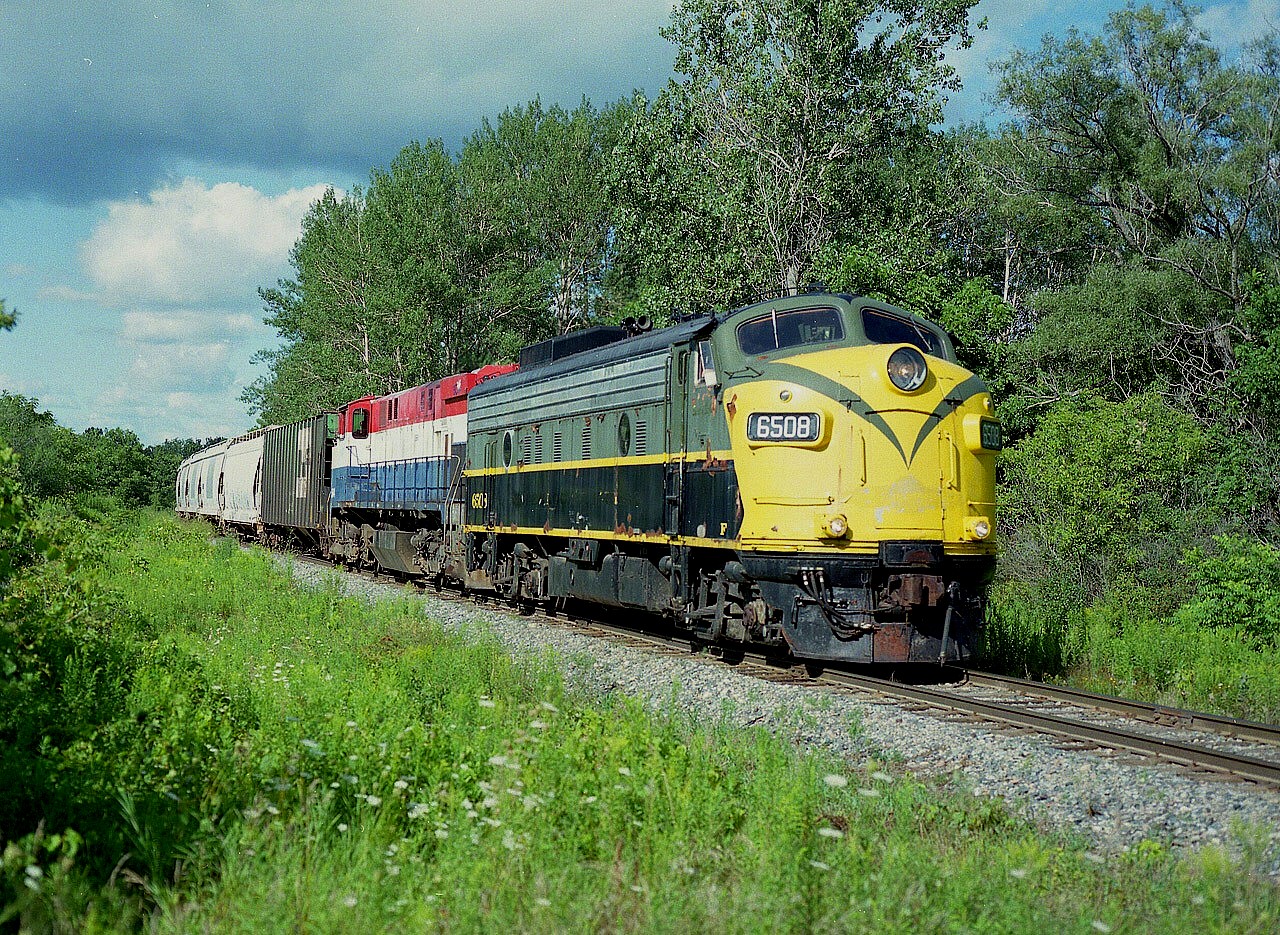 I'm probably one of the very few that misses the 'once upon a time' CN 6508 in these old ratty colours. Don't know why, I just do. The new Cream Scheme just doesn't grab me. Maybe it is because combined with the trailing former M-420 (x_BC Rail)it makes such an attractive image as it heads back to Salford from Woodstock on a typical days' run. Checking out the OSR is always a good time. You just never know what might pass by.