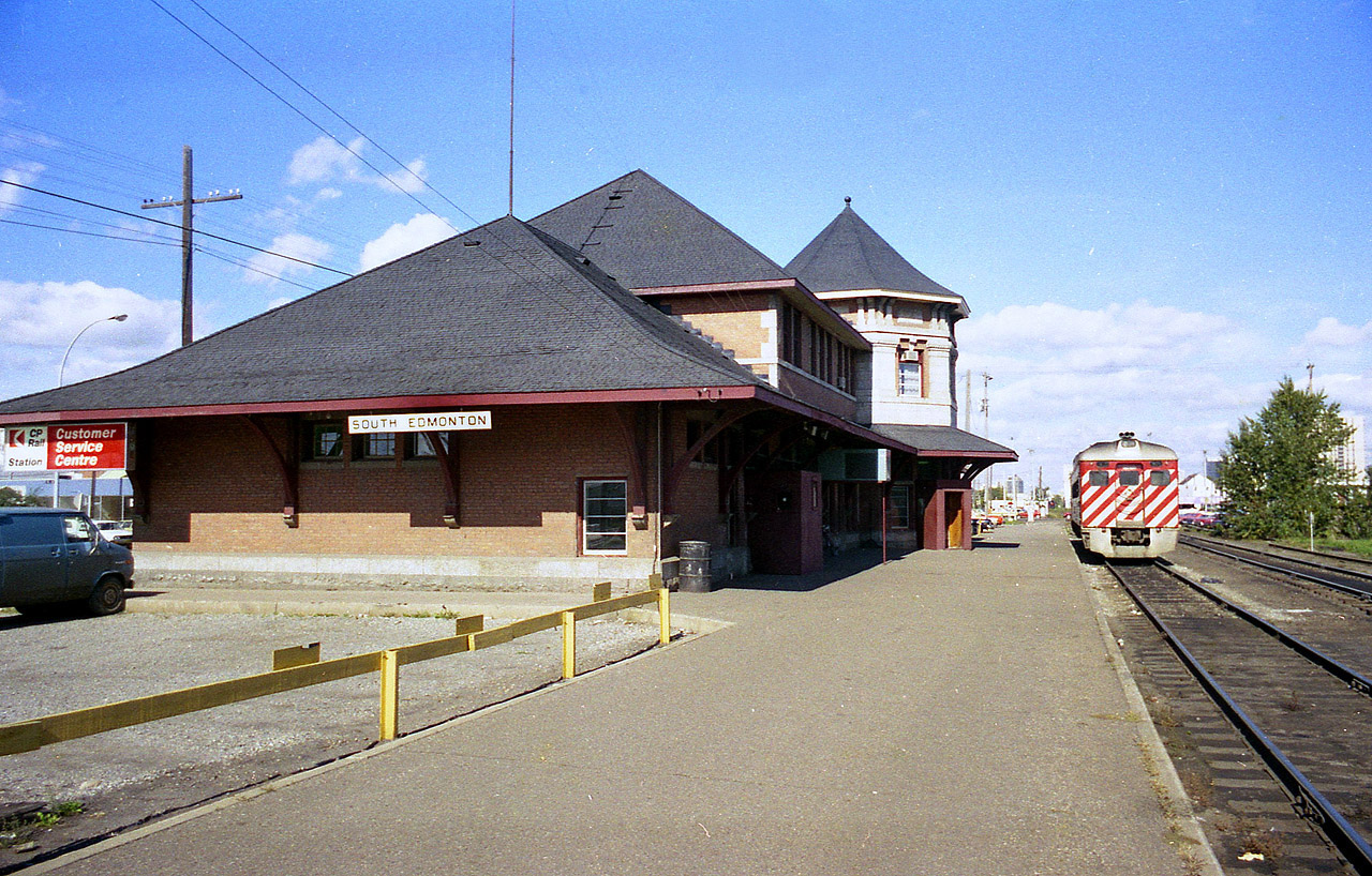 This station, built and completed 1907/1908, was once the northern terminus of the Calgary and Edmonton Railway. When built this actually was the community of Strathcona. The structure has undergone many uses over the years, after becoming a heritage building in 1991 while it was under CP ownership. This image, taken more than 40 years ago, shows the station still in operation, with CP Budd 9105 out front. The area is completely different now; track gone and urban sprawl everywhere.