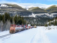 With 13845' (218 platforms) and 10934 tons on the drawbar, BCOL C40-8M 4619 and CN C40-8 2020 lead train Q199 off of the Robson Sub and onto the Tete Jaune Sub at Taverna destined for Prince Rupert.