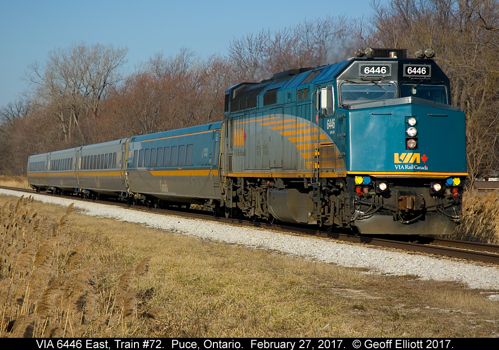 VIA 6446 leads a fast paced Train #72 on February 27, 2017 as it rolls through Puce, Ontario.