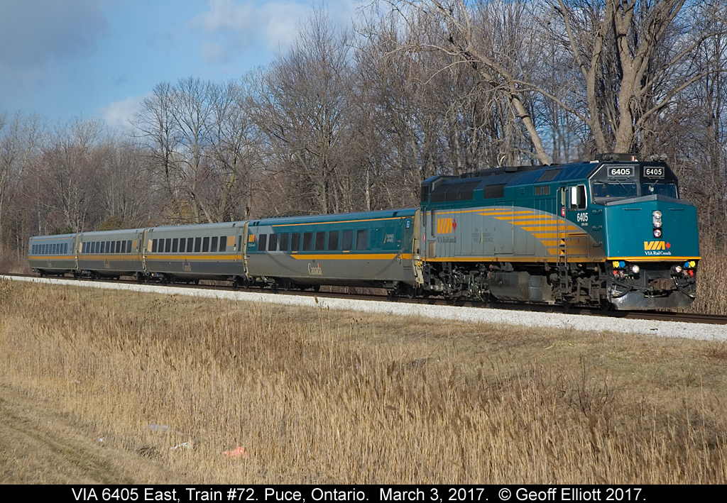 As the clouds parted, VIA #72, with 6405 leading, raced through Puce, Ontario on a beautiful March 3, 2017 day.