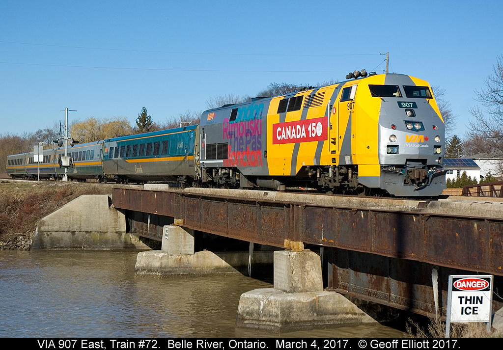 "Thin Ice"...... No worries of that today with the warm temps we've been having this winter!!  It's 9:24a.m. and VIA 907 is hauling ass as it speeds train #72 through Belle River on a beautiful March 4th day.