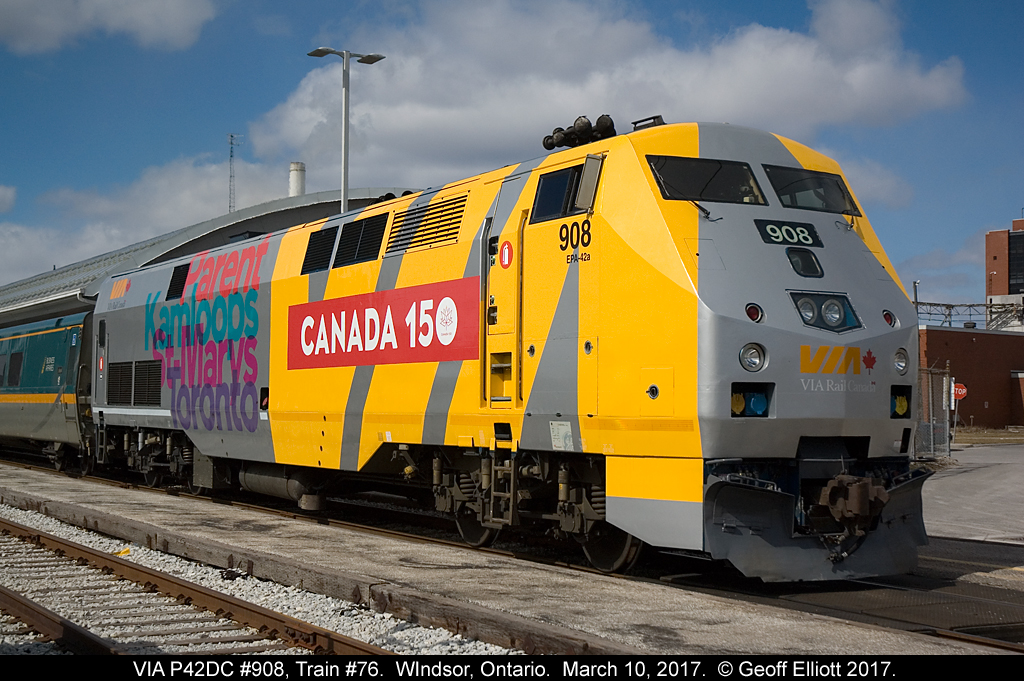 VIA P42DC #908 wears another version of the "Canada 150" as it waits to depart Windsor, Ontario on train #76 bound for Toronto.  This wrap has "Parent, Kamloops, St. Mary's, and Toronto" as the four station names to adorn the Engineer side of the unit.