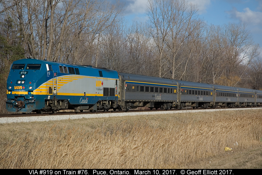 VIA P42DC #919 hustles train #73 as rolls through Puce, Ontario.  In about 20 minutes 919 will arrive at it's final destination in Windsor, Ontario.