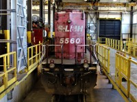 Rear view of now scrapped STL&H SD40-2 5560 as it waited in the shop for it's bottom deck inspection.
