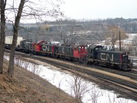 I'm up on the side of the hill overlooking the Bayview Jct as a Hamilton-bound transfer rolls by. Nice to see it with 4 units. Seen are CN 1324, 1242, 1254 and 7033. There are 39 cars and caboose was CN79663. There used to be so many of those old SWs around. They are all gone from the CN roster now; the leader 1324 went to Quebec & Ontario Pulp & Paper, ( RFP Thorold ),  retaining its number.