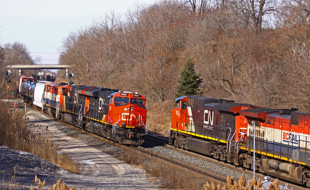 Passing Counterparts. I find it really cool that I was able to catch a meet between opposing trains 384 and 385, each with opposite origins and destinations. I also like that each had an ex. BCRail engine in the consist as if to emphasis the idea that one train was the mirror image of the other. The consist for 384 included CN 3003, CN 3015 and ex BCOL 4612 while the consist for 385 included CN 2719, ex BCOL 4644 and CN 8838.