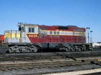 CP GP9 8635 taken sometime in 1975 by unknown photographer.
In 1971 CP put three geeps through Ogden shops, Calgary and without upgrading them or repainting, simply chopped their noses. The other two, 8633, 8634, remained in red with the multimark, and in the script (respectively).
In the later rebuild program, these 3 were completely rebuilt and emerged as 1576 (8633), 1579 (8634) and 1580 (8635). The 1576 and 1580 were " trade-ins" for the CP GP20ECO program and were cut up; but 1579 still exists at Viterra, Kindersley SK renumbered 1319.
