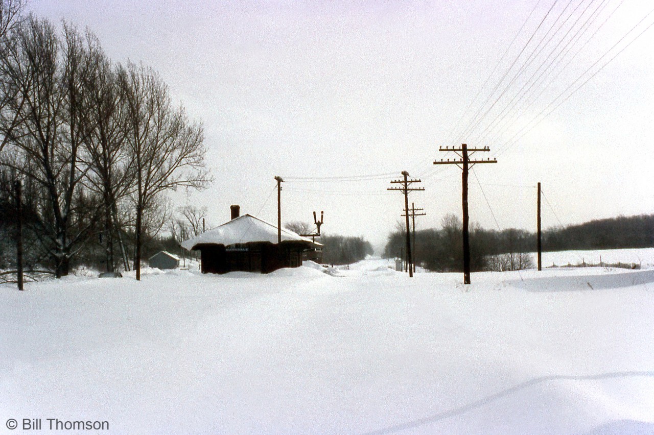 There's nothing but a lonely snowy landscape at CP's Markdale Station on this winter day in January 1971. There will be no traffic until a plow train comes along on the Owen Sound Sub.