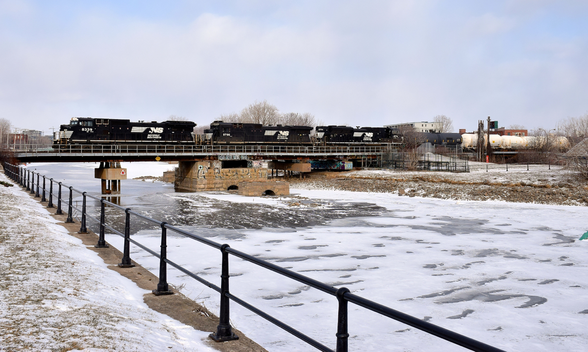 A trio of NS units (NS 8339, NS 8796 & NS 2774) lead CN 529 over the Lachine Canal on a brutally cold afternoon. While you can't tell from this picture, this was a very short edition of CN 529, with only 15 cars.