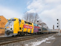 More and more VIA engines are getting wrapped for Canada's 150th anniversary this year, with 22 to be painted in total. Here wrapped VIA 908 leads VIA 67 towards its next stop at Dorval.