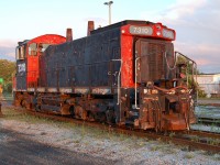 Ex CN SW1200RS 7310 sits in the CN "C" yard at Sarnia, Ontario. Curiously the CN logo has been painted over but no other reporting marks are visible