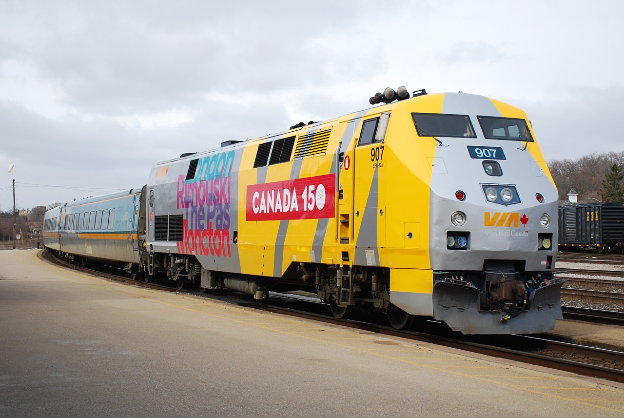 VIA 907 made it's second appearance on train 72 today wearing the "Canada 150" wrap.  It was also on 72 on Tuesday, but received a bath between runs and looked more presentable today.