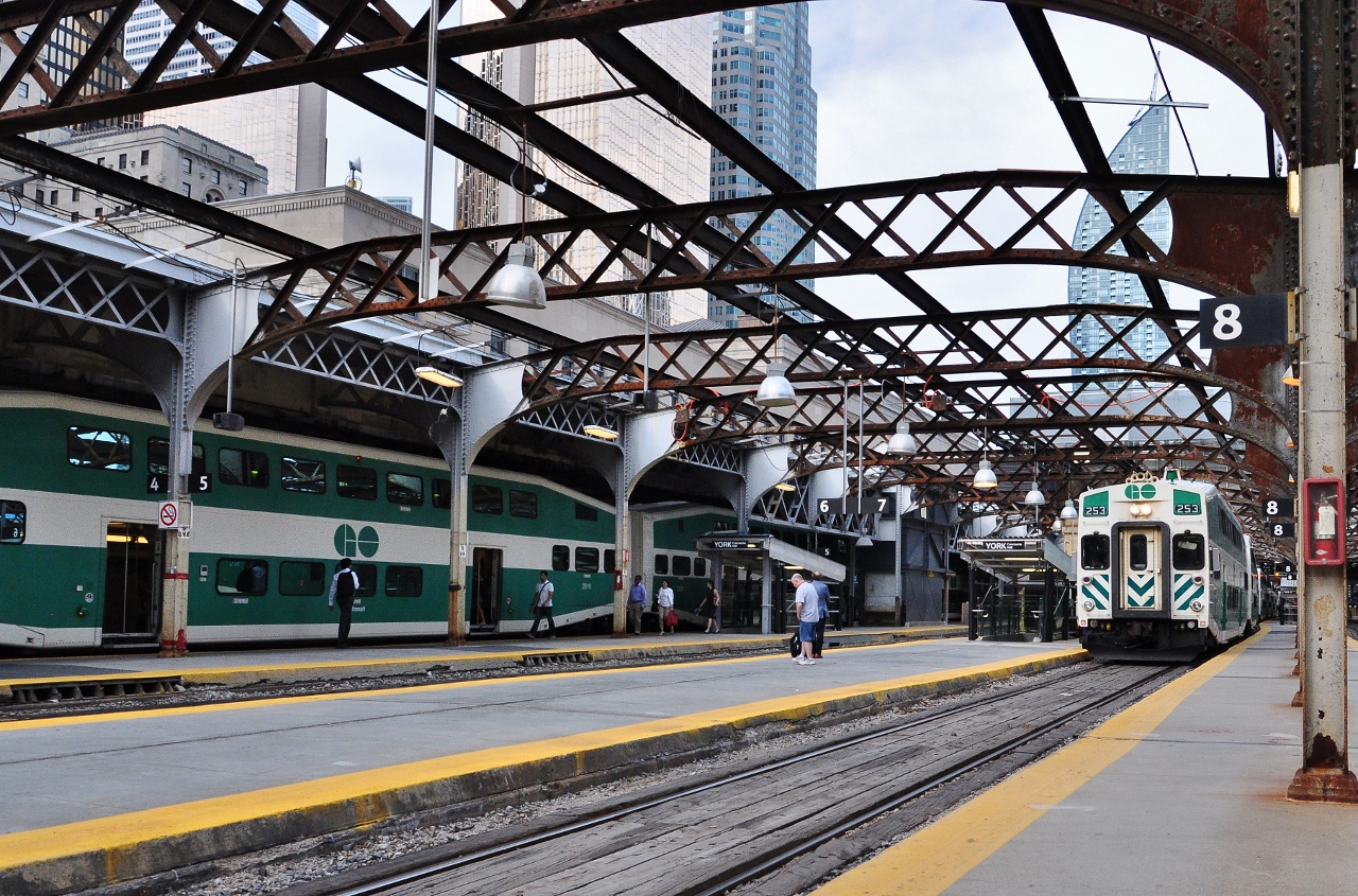 daylighted ! 


after 80 + years in the train shed shadow, with reconstruction of Union train shed,  the platforms / tracks at Union are subject to daylight revealing 1930's era engineering steel frame structure 


imagine the variety of steam and diesel power that has rolled through the Union shed over 80+ years 


get pics of those 200 series GO Control Cabs in the lead position, most are now replaced with the new nose coned 300 series, relegating the 200's to regular coach service.


July 21, 2016 Image by S. Danko