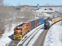 Quebec Gatineau's Trois Rivieres-Shawinigian turn doubles its train together in the former Shawinigan Falls Terminal Railway yard before departing south.