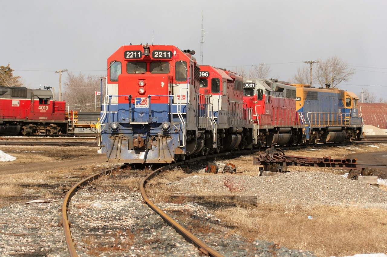 The RailAmerica era was still a colorful one on the Goderich-Exeter Railway. Seen on the wye at Stratford are RLK GP35m 2211, RLK GP40 4096, GEXR GP38 3821 and GEXR GP38 3856, with GEXR GP40 4019 in the background.
