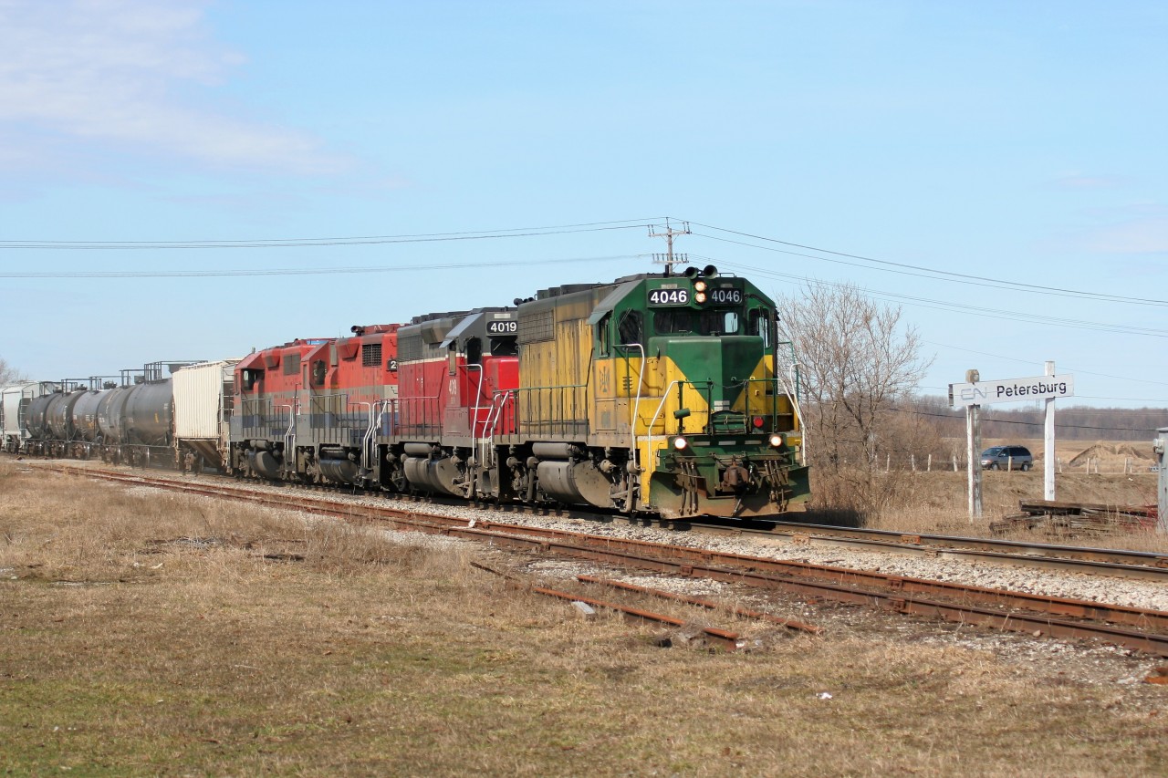 Engineer Sterma rolls GEXR train 432 by the old CN Petersburg sign with a consist that includes; GEXR GP40’s 4046, 4019, RLK GP35m 2211 and RLK GP40 4096.