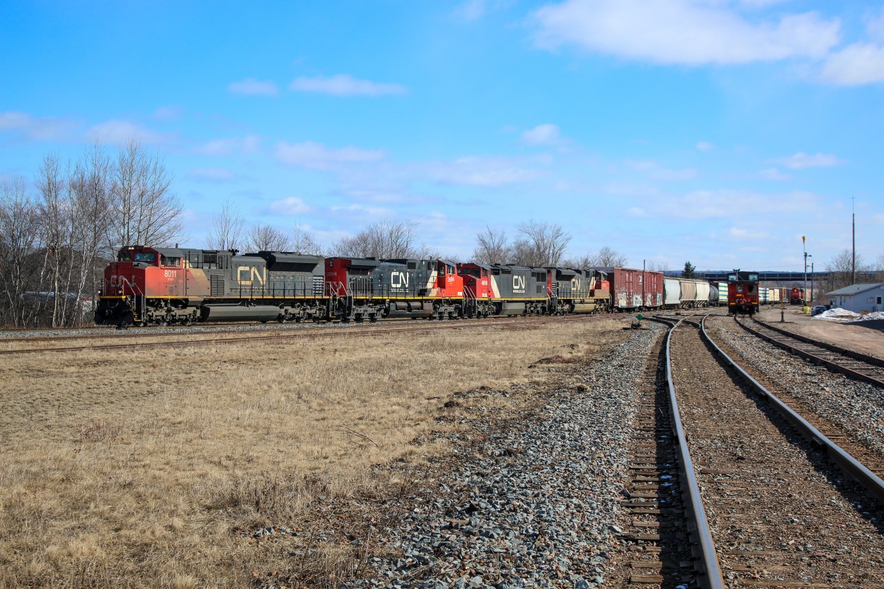 CN 8011 and three helpers CN 2694, CN 4618, CN 8941 sit in the east end of the Truro reload yard after reassembling the train before heading to Moncton New Brunswick