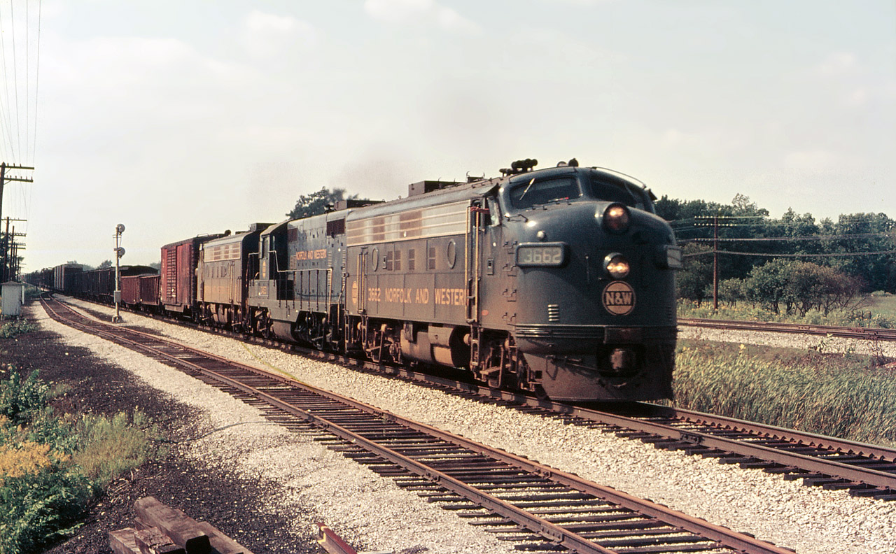 On a calm dry day in September 1968, Doug captured N&W train DN-90 (Detroit-New York City)  approaching  the diamond at Canfield Jct. on CN’s Cayuga Subdivision. F7 3662 is accompanied by GP7 3453 and another F7 ( all London-built)  as it hauls revenue to the connections at Bison Yard, Buffalo NY. Curiously there are a gaggle of what appears to be empty 2-bay hoppers near the head end and they are ahead of the Ford Talbotville cars. This may or may not provide a clue as to where N&W picked them up. Is it possible they came inbound as loads of anthracite coal for St. Mary’s Cement and were part of the Tillsonburg  traffic that N&W handled ?
Although it’s not entirely evident, on the extreme left edge of this photo there once was a wye.
It tailed to the south of the Cayuga Sub. where the connecting track ties into the high cubes on DN90’s train.  The trees are grown up where the embankment once sat.