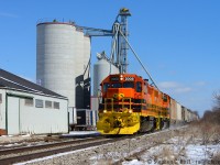 Kind of replicating <a href=http://www.railpictures.ca/?attachment_id=25441 target=_blank> Arnold Mooney's shot </a> but from the other side, here's GEXR 582 passing the Shakespeare Mills Inc. site with about 20 cars from the CP Interchange at Kitchener for Stratford. As of this date (the 4th) Kitchener Swing job 518 is abolished and 582 now handles these duties ex Kitchener using the Kitchener power set. 

