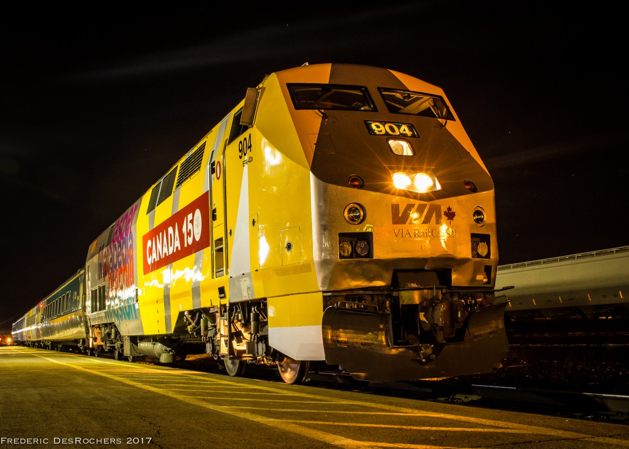 VIA 87 arrives at its final destination for the night, Sarnia. 
Recently wrapped VIA 904 sits at the station under clear skies on a cold March night. 

2235hrs..