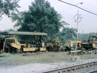 An array of track equipment belonging to NYC is parked in the seldom-used connecting track at Canfield.I’ll bet Arnold Mooney has one of those Castrol 45-gallon drums in his garage !