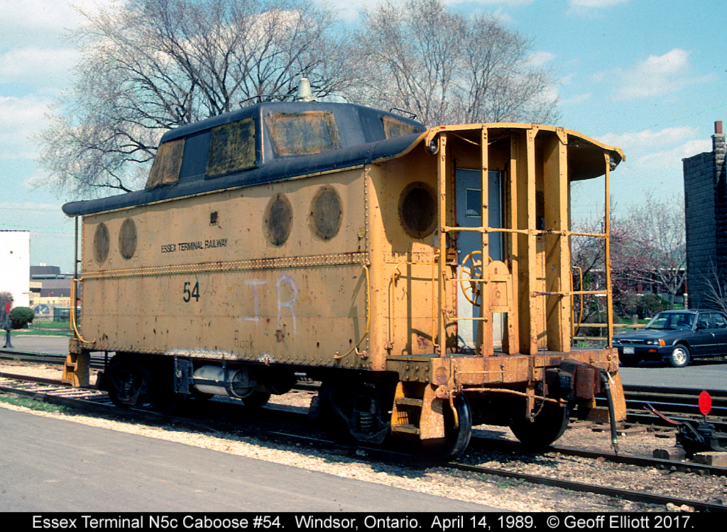 Essex Terminal caboose #54, a former PRR N5c, sits at the ETR Lincoln Yard in Windsor, Ontario back on April 14, 1989.