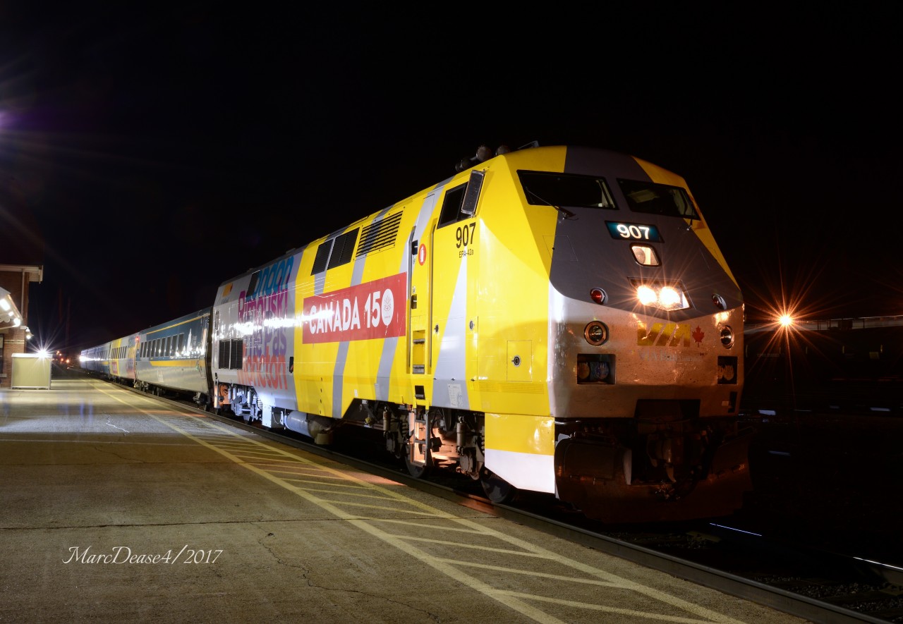 VIA 87 with 907 in special CANADA 150 markings ready to be wyed in Sarnia and tied down for the night.