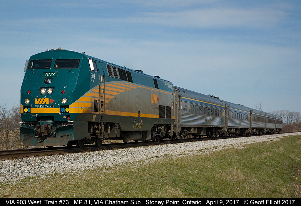 VIA 903 hustles train #73 past MP 81 of the VIA Chatham Subdivision on a beautiful April day.