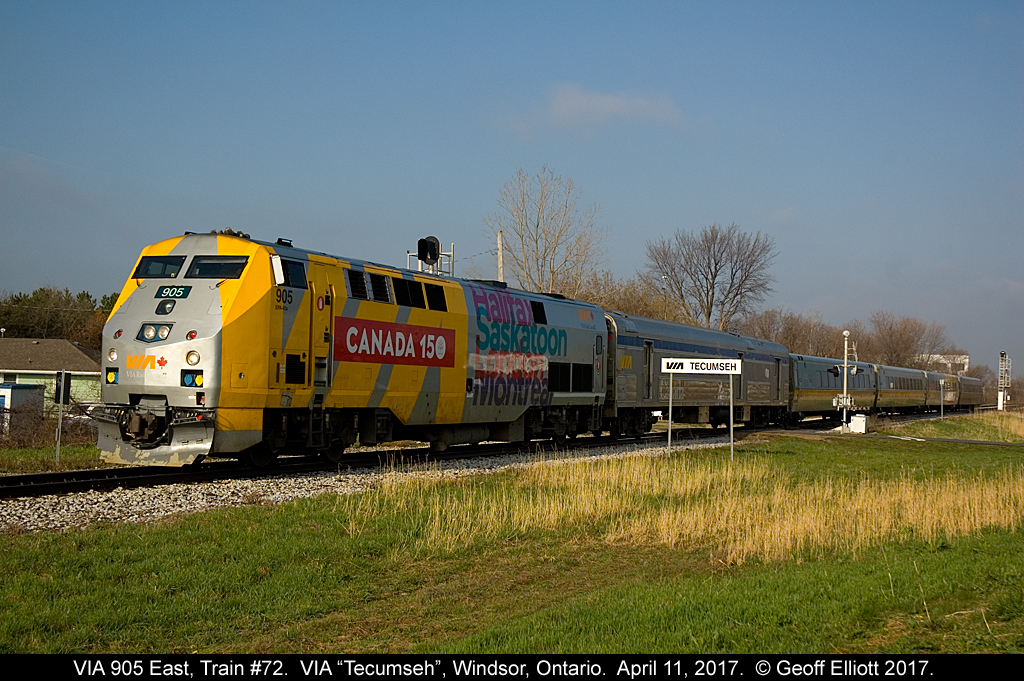 VIA "Canada 150" Wrap #905 leads train #72 past the VIA "Tecumseh" sign as it leaves Windsor, Ontario on it's trip to Toronto Union Station.