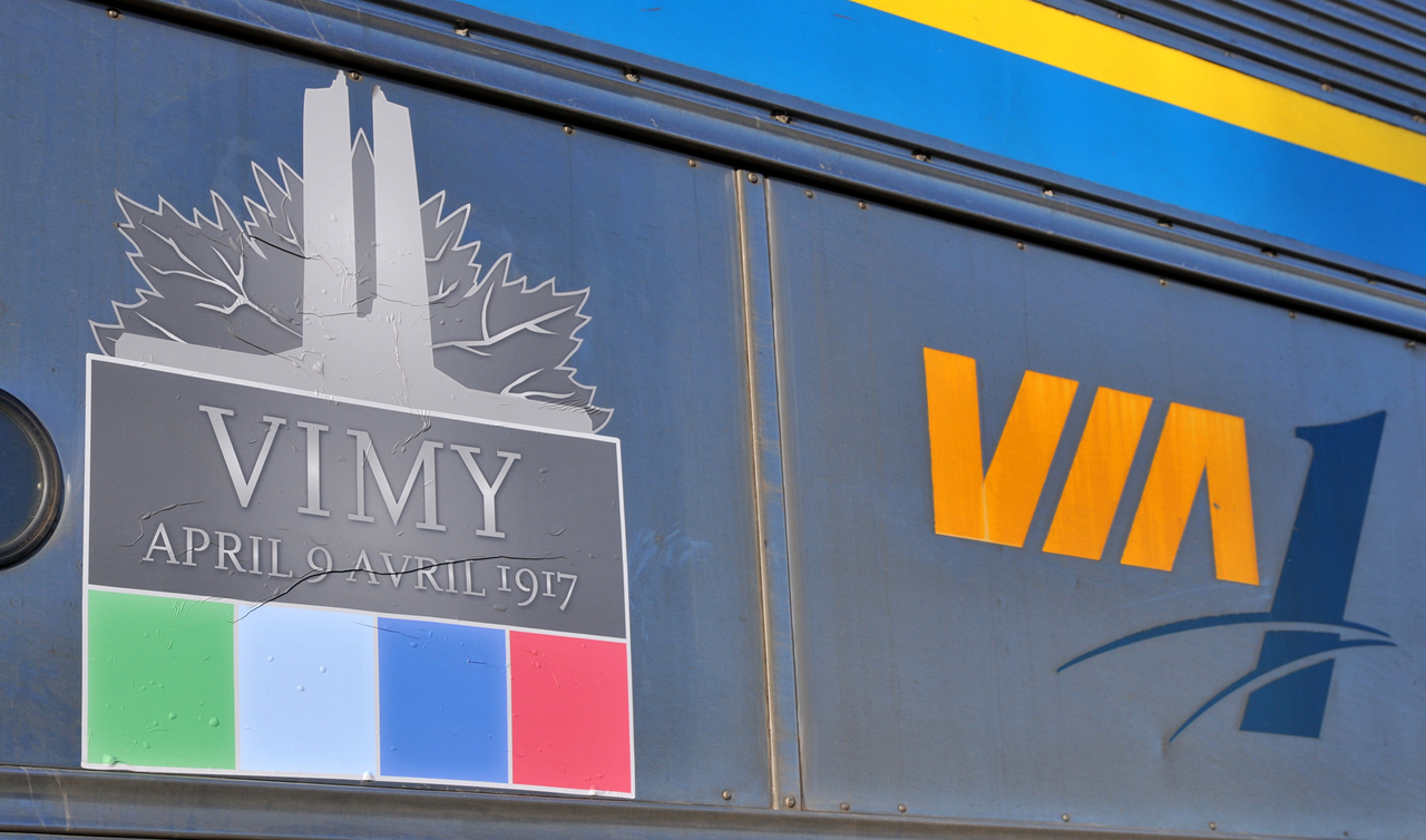 With most of the focus on the "Canada 150" program, VIA has also applied decals to numerous business class coaches to commemorate the 100th anniversary of the Battle of Vimy Ridge, which was thought between Apr 9, 1917 – Apr 12, 1917 in the Nord-Pas-de-Calais region of France, during the First World War