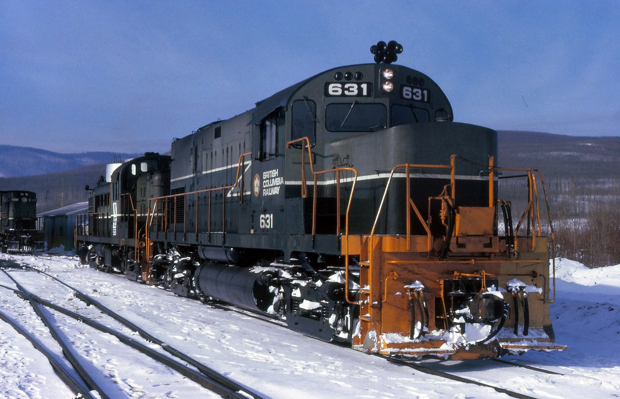 BCR 631 on the shop track at Chetwynd BC, most likely the power for the Dawson Creek Switcher or the "Beatton River" turn. 631 was one of two ex L&HR units that BC Rail purchased.