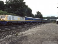 LRC 6904 has 8 'conventional' coaches on train 73 at Bayview. Having the 2nd generation of power on their roster, VIA was able to extend the length of single-unit trains. Like many of it's stablemates, 6904 was scrapped in 2007/2008 at Industrial Rail Services, Moncton NB