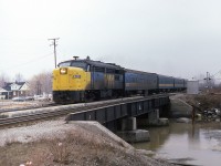 FPA-4 6771 has a 4 car consist on Windsor-Toronto train 74 as it passes through the lakeshore community of Belle River Ont in March 1982. I would often bring the camera when I was working the C&O Walkerville yard job, and try to  pick off any movements on CN or CP between home, in Chatham, and work. 