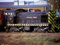 Telephoto image of Buffalo Creek S-2 #44 (built 1947)sitting in the old Niagara Falls yard for whatever reason.
The unit looks freshly painted. In less than a year BCK would be one of the small shortlines swallowed up in the formation of Conrail. This unit was assigned number CR 9661. In background, situated on Victoria Av,  is the top of the old Provincial Steel building, which once had rail connection with CN.