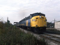 Saturday morning was a good time to catch 72 and 74 with big consists, and especially during the era prior to the delivery of the F40s. Sass Road was another location where eastbound trains could be easily captured because for the most part, the foliage was kept low. Train 72 accelerates out of town pulled by reconditioned 6314 and F9B's 6623-6636, having crossed C&O Subdivision No.2 and McGregor Creek. Every once in a while a boxcar or bulkhead flatcar would be placed on the short spur next to that concrete ramp, but I've long since forgotten what type of business was in operation at that address. The reconditioned 6300s were among the first older VIA units to have their ditchlights properly built-in, but today the hogger has forgotten to turn them back on after making the station stop.
