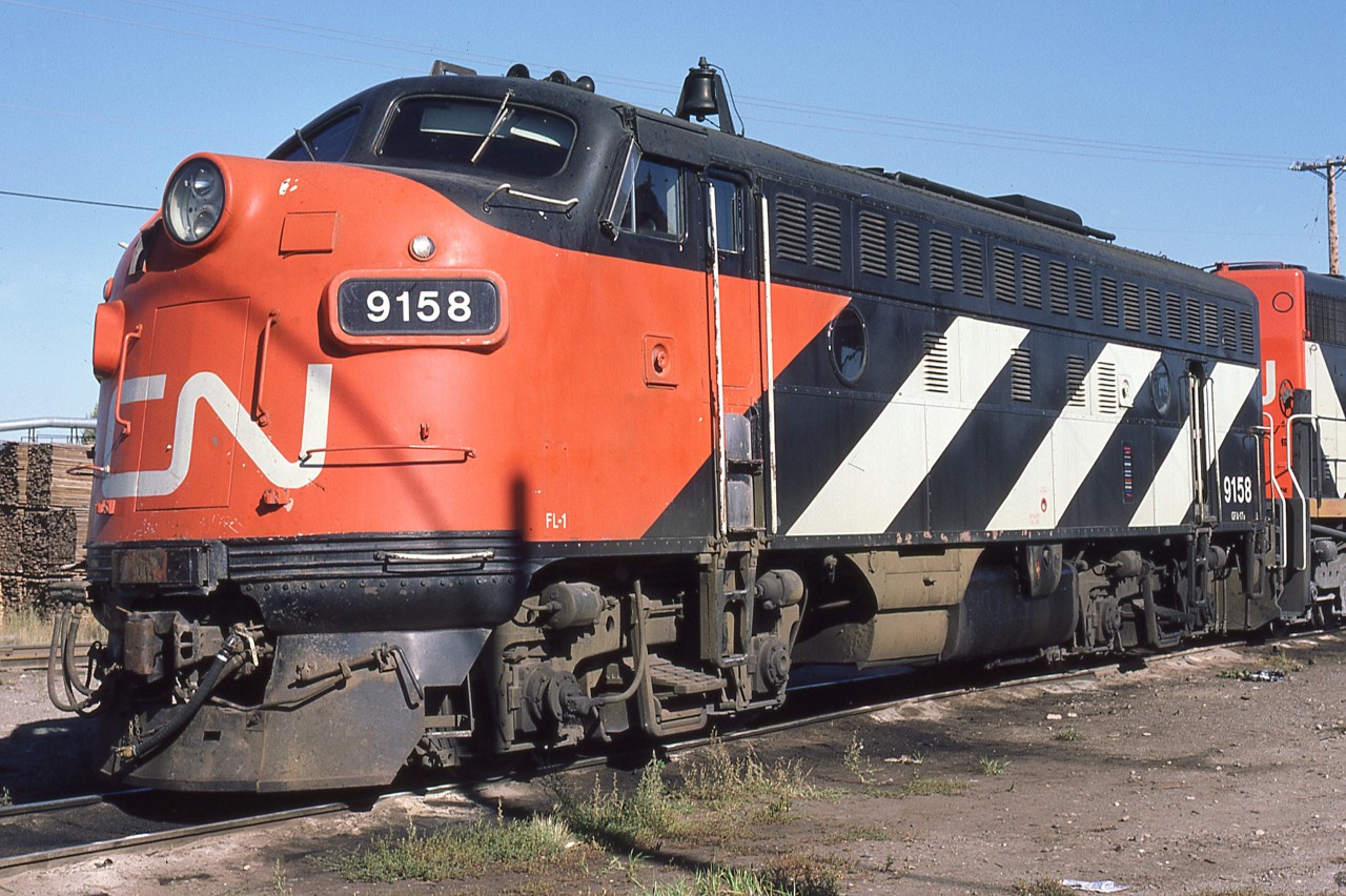 A Carl Bury photo.
Former CN F7 9080 was upgraded by the railway and renumbered to 9158. Carl found the engine in a nice pose at Prince George BC on his 1975 trip. I know of just two of these upgrades with louvers [versus the Farr screenings] - the other engine is 9166.
9158 was last known to be on the South Carolina shortline Waccamaw Coastline.