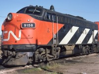 A Carl Bury photo.
Former CN F7 9080 was upgraded by the railway and renumbered to 9158. Carl found the engine in a nice pose at Prince George BC on his 1975 trip. I know of just two of these upgrades with louvers [versus the Farr screenings] - the other engine is 9166.
9158 was last known to be on the South Carolina shortline Waccamaw Coastline.