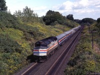 Through the late 1970s and into the 1980s/90s we lived in Chatham, and later Brights Grove. But we still had family, and friends, in the Burlington/Hamilton region. So if time warranted a pleasant day at trackside, I took full advantage of it. If memory serves, this was called the INTERNATIONAL, train 85 I believe.
A single F40PH has 9 cars in tow ( 8 Amfleets and a ?? Superliner) as he makes his way past the Inksetter Road iron bridge while headed for Chicago. A shame this train is no longer a through connection.