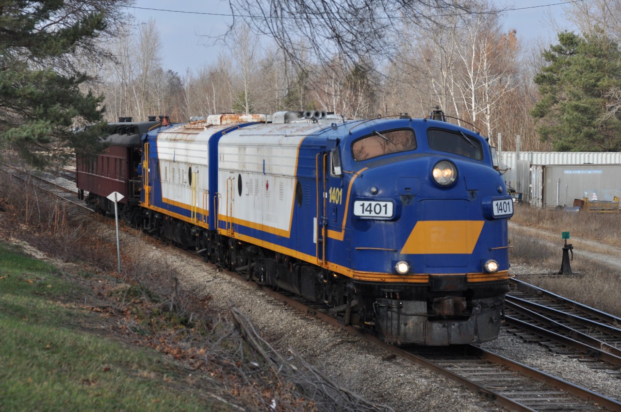 As already noted elsewhere, the OSR is a great place to visit, collection of rolling relics second to none around here; and a pleasant working atmosphere for the guys. An example was back on Dec 21/14 when the OSR ran a Christmas Special,(I followed it) down to Tillsonburg from Salford and back; with OSR 1400 and 1401 bringing along the coach with family and friends aboard. Not easy to get a casual train ride these days.
If you take the time out to visit the Salford shop, do NOT do any wandering without permission though.