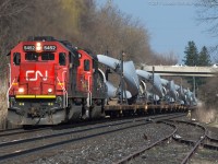 This was probably one of the most shots trains in Ontario today, CN X311 is seen grinding up grade at Copetown with CN 5452, CN 5408 and 72 loaded windmill flats.  Learning that this train was going to make it through this area in daylight made it a no brainer to pop out to Copetown for a couple shots.