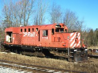 In January 2003 OSR purchased RS-18 Control Cab loco 1116 from CPR. As part of the transaction, CP wanted the wheelsets returned, which was OK because OSR simply had purchased it for all other parts. After being lifted into it's proposed resting place, and the wheelsets put on a flatcar for shipment back to Toronto, personnel set about making sure it wouldn't topple over. Two years later, a lot of small parts have been scavenged for the active fleet, both at Guelph Jct Rly. and at Salford, as well as one other location. Doyle McCormick's restored PA (NKP 856) has the dynamic brake cover off this engine. The 1116 was new for CPR as the 8746. It may outlast several employees.