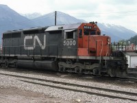 A Carl Bury image. In September 1975 the Brantford resident did a driving trip to the western provinces. One of his classic discoveries was CN's first SD40 resting between road trips at Jasper AB, already showing signs of heavy use after 8 years of age.
Make no mistake, this is THE unit of the class. Unfortunately, having lasted until Dec2006 on the active roster, she met the torch at Lac La Biche AB during June2007 after efforts for preservation fell short.